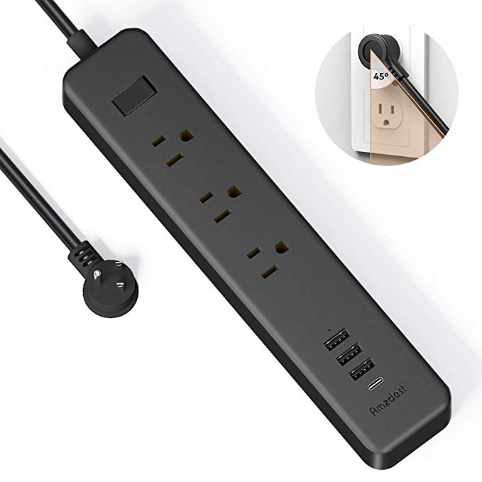 USB C Power Strip with Power Delivery, Amzdest Surge Protector with 3 Outlet and 4 USB Ports(1 USB C 18W, 3 USB A 15W), 6.0ft Long Extension Cord for Home and Office, UL Listed Flat Plug 1250W/10A