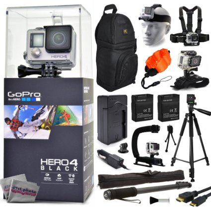 GoPro Hero 4 HERO4 Black CHDHX-401 with Travel Charger   (2) Extra Batteries   60? Tripod   67" Monopod   Backpack   Headstrap   Chest Harness Mount   Floaty Strap   HDMI Cable   Wrist Glove Strap
