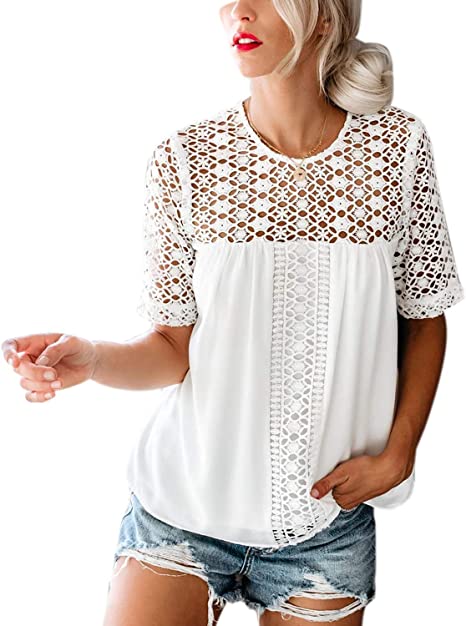 Blooming Jelly Womens White Lace Shirt Short Sleeve Zipper Elegant Blouse Hollow Out Pleated Summer Tops