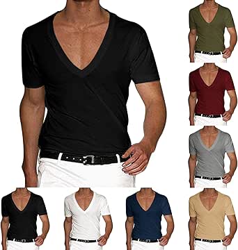 Mens Casual Deep V Neck T Shirts Short Sleeve Slim Fit Henley Shirts Gym Workout Muscle Shirts Quick Dry Athletic Tee Shirts