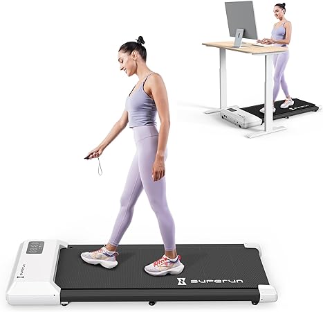 DeerRun Walking Pad Treadmill Under Desk, 2 in 1 Walking Pad Portable Treadmill with 265lbs Capacity, Under Desk Treadmill for Home/Office in LED with Wheels