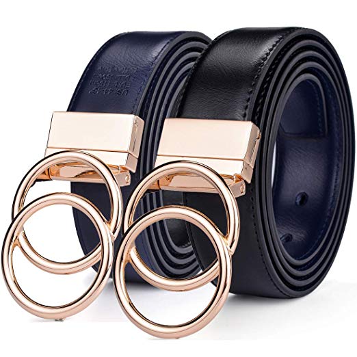 Beltox Women Belt Leather 1.3” Reversible 2 in 1 Rotated 2 Rings Gold Buckle