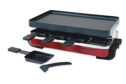 Swissmar KF-77043 Classic 8-Person Raclette Party Grill with Reversible Cast Aluminum Non-Stick Grill Plate/Crepe Top Red Enamel
