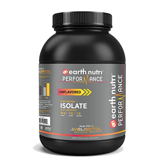 EarthNutri Performance Pure Whey Protein Isolate Powder with 2g of Velositol, 25g of Protein, 5g of BCAAs, 3g of Glutamine Precursor, No Whey Concentrate, No Proprietary Blends, 2lb. Tub (Unflavored)