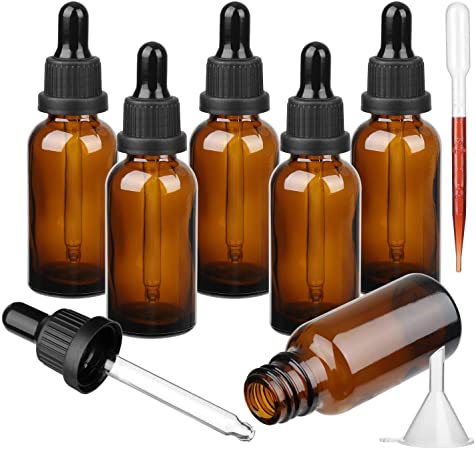 Amber Glass Dropper Bottle with Glass Pipette, 6 X 30ml Glass Eye Dropper Bottles Refillable for Essential Oil Aromatherapy Blends