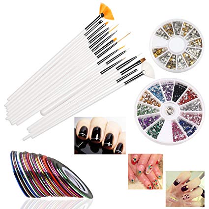 RUIMIO 15 pcs Nail Art Brushes 12 Colors Nail Art Stickers 30 colors Nail Tape and 3D Nail Art Manicure Wheel with Gold and Silver Metal Studs