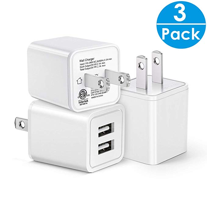 USB Wall Charger, SEGMOI® 3-Pack 5V/2.1A ETL Certified Dual Port USB Wall Charger Plug Brick Power Adapter Charging Block Cube Box Replacement for Mobile Phone &Tablet