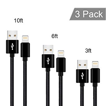 Lightning Cable,Auideas iPhone Charger [3Pack 3FT 6FT 10FT] to USB Syncing and Charging Cable Data Nylon Braided Cord Charger for iPhone 8/8 Plus7/7 Plus/6/6 Plus/6s/6s Plus/5/5s/5c/SE Black.