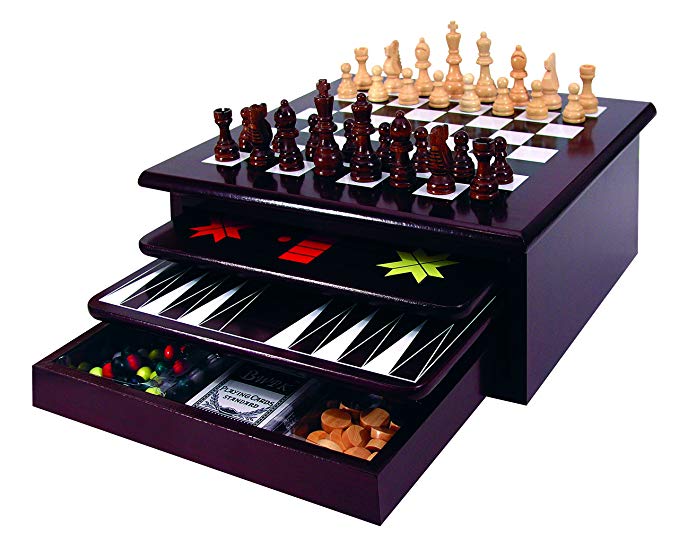 Etna Board Game Set - Deluxe 15 in 1 Tabletop Wood Game Center with Storage Drawer - Checkers, Chess, Chinese Checkers, TicTacToe, Snakes and Ladders, Poker Dice, Playing Cards, Dominos and More