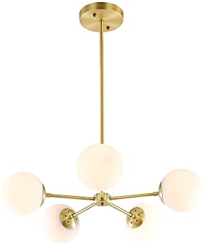IJ INJUICY 5-Lights Chandelier Pendant, Brushed Brass with Clear Glass Globes, Classic Lighting Fixture, Branch Molecule Magic Bean Pendant Light for Living Dining Room(Milk White, 5-Lights)