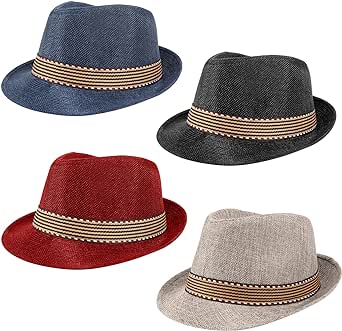 Ultrafun 4 Pack Kids Fedora Hat Short Brim Straw Trilby Jazz Hat Summer Sun Beach Cap for Boys Girls 5-10 Years