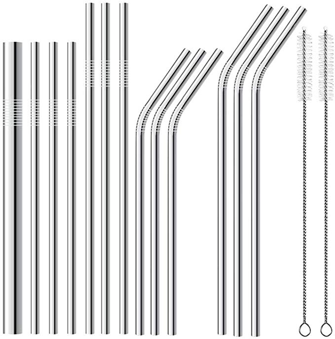 13 Pack Reusable Stainless Steel Metal Straws, Alotpower Curved Drinking Straws for 30 oz and 20 oz Tumblers Yeti Dishwasher Safe - 2 Cleaning Brushes Included