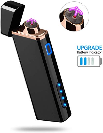 Lighter, Electric Arc Lighter USB Rechargeable Lighter Windproof Flameless Lighter Plasma Lighter with Battery Indicator (Upgraded) for Fire, Cigarette, Candle - Outdoors Indoors (Bright-Black)