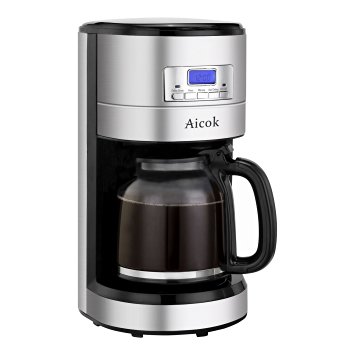 Aicok 12 Cup Coffee Maker, Drip Coffee Makers, Programmable Coffee Maker with Timer and Reusable Mesh Filter, Stainless Steel, Black