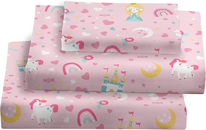 Viviland Kids Twin Sheet Set - Girls Blush Pink Twin Sheet Set - Kids Toddlers Twin Microfiber Single Fitted Sheets - Girls Sheet Unicorn Princess Rainbow Printed