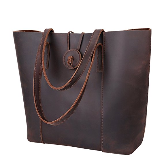 S-ZONE Vintage Women Genuine Leather Tote Bag Purse with Removable Pouch