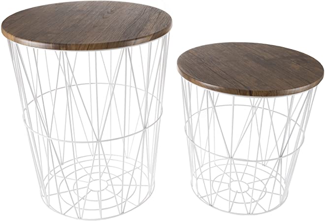 Lavish Home Convertible Round Metal Basket Veneer Wood Top Accent Side Home and Office Nesting End Tables with Storage- (Set of 2), White