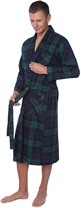 Premium Flannel Robe, Cotton Plaid Shawl Collar Robe with Pockets MRP_Y19 Green Blue