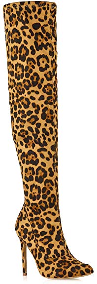 ESSEX GLAM Womens Thigh High Boots Stiletto High Heel Over The Knee Stretch Leg Calf Point Toe Shoes