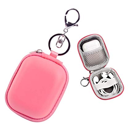 Airpods Case Keychain, ASMOTIM Mini Earphones Case, Protective Earbud Case, PU Leather Hard Case, Portable Carrying Case with Metal Clasp Keychain Compatible with Apple AirPods, Cables(Pink)