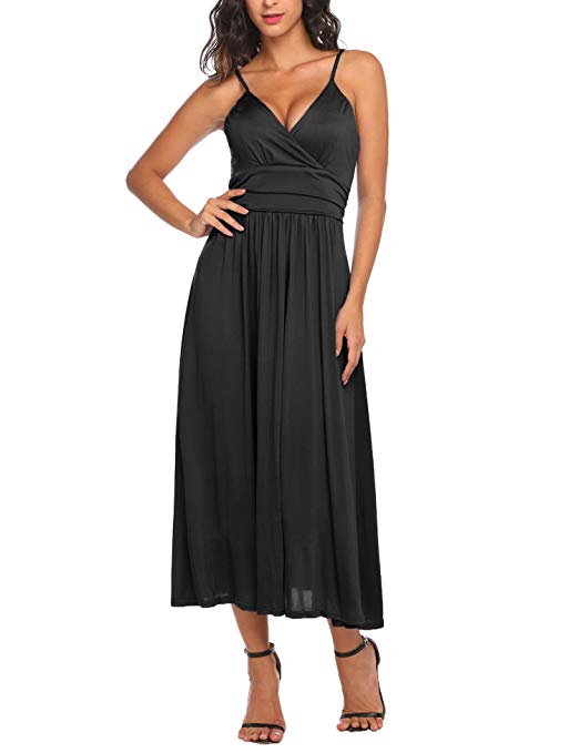 Beyove Women's Sleeveless V Neck Crossover Ruched Waist Slimming Swing Dress