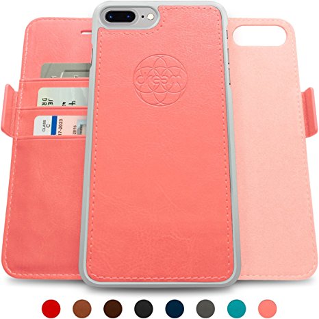 Dreem iPhone 7 PLUS Wallet Case with Detachable SlimCase, Fibonacci Luxury Series, Vegan Leather, RFID Protection, 2 Kickstands, Gift Box - Coral Pink