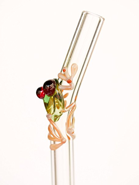 Hummingbird Glass Straws Caramel Frog on Clear Bent 9 in x 9.5 mm With Cleaning Brush