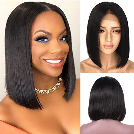 Benafee Short Lace Front Bob Wigs Silky Straight Human Hair Wigs Middle Part Glueless Frontal Lace Bob Wig for Women Pre Plucked Natural Hairline 180% Density Remy Hair (8 inch, Black)
