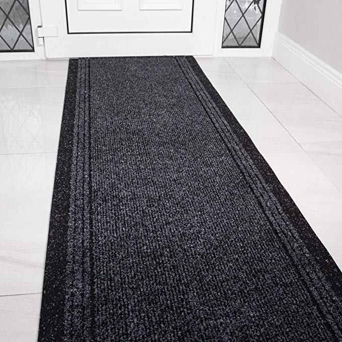 Grey Black Rubber Backed Very Long Hallway Hall Runner Narrow Rugs Custom Length - Sold and Priced Per Foot