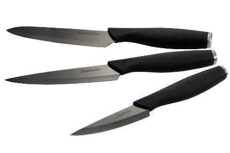Elegant Ceramic Knife Set -Black Mirror Finish, 6 Pieces: 6" Chef, 5" Utility / Slicing, 3" Paring, -3 Sheaths - Black Handle - Magnetic Gift Box