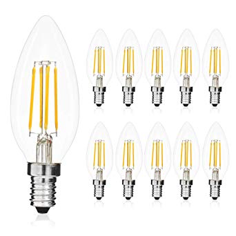 10 Pack E14 Candle Light Filament Bulbs,4w,40W Equivalent,Warm White 2700k,400 lumens,Non-Dimmable,220V-240V,Small Edison Screw,SES LED Chandelier Bulbs,C35 Vintage Candelabra Bulb[Energy Class A ]
