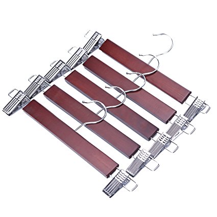J.S. Hanger Walnut Finish Wooden Pant Skirt Hangers with 2-Adjustable Anti-Rust Clips, 5-Pack