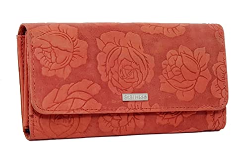 StarHide Women Embossed Floral Purse | Ladies Genuine Leather RFID BLOCKING Wallet | Stylish Flap Over Long Purse With Zipped Pocket | Designed For 6 Credit Cards, Coins & Mobile Phone (Red) 5580
