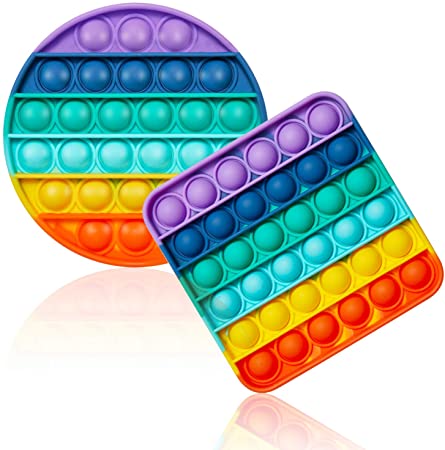 Push Popping Bubble Fidget Sensory Toy, 2 Pack The Premium Fidget Squeeze Silicone Stress Relief Toys, Autism Special Needs, Sensory Fidget Toys for Adults and Children (Round, Square - Rainbow)