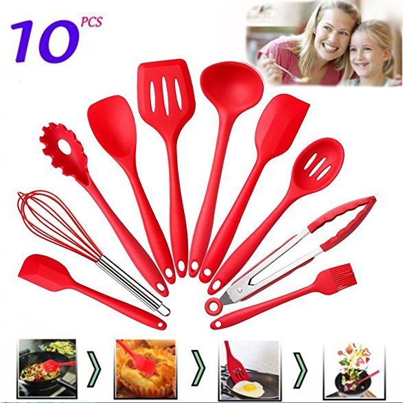 Feiuruhf 10 Pieces Silicone Cooking Utensils Sets Non-stick Heat Resistant Hygienic Kitchen Gadgets with Spoonula, brush, whisk,large and small spatula,ladle,slotted turner and spoon,tongs,pasta fork