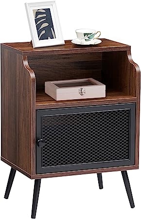 VECELO Nightstand with Storage Cabinet, Industrial Bedside End Table with Open Drawer Shelf, Metal Door and Legs, for Home, Bedroom, Living Room, Easy Assembly-Brown, Set of 1