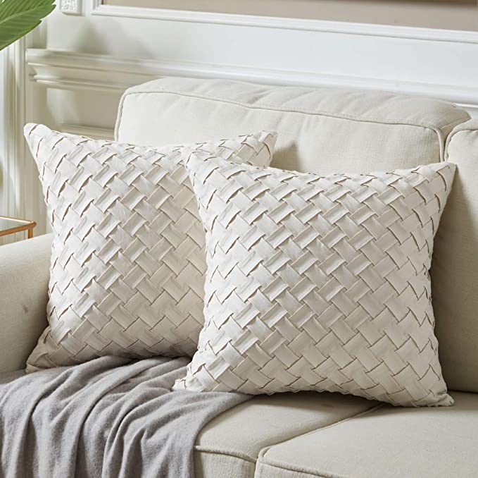 Fancy Homi Pack of 2 Decorative Throw Pillow Covers with Cute Basket Weave Pattern,Soft Suede Solid Square Cushion Case Set for Couch Sofa Bedroom Car Living Room (16x16 Inch/40x40 cm, Cream)