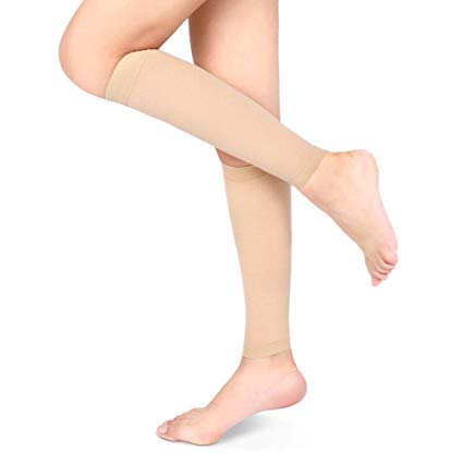 Calf Compression Sleeves, Medical Footless Compression Socks Shin Splints Leg Brace 20-30mmHg with Graduated Pressure for Swelling Varicose Veins Calf Pain Relief (Beige, L)