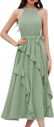 GRACE KARIN Women's 2024 Summer Sleeveless Halter Neck Ruffle Hem Split Flowy Swing Long Midi Dress with Belt