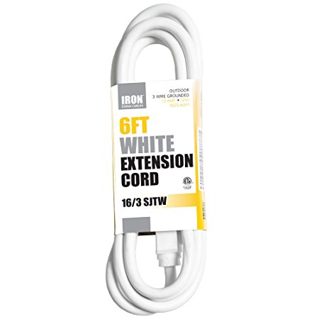 6 Ft White Extension Cord - 16/3 Heavy Duty Electrical Cable