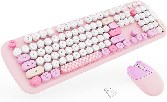 Pink Wireless Keyboard Mouse,COOFUN Cute Colorful 104 Keys Typewriter Retro Round Keycaps Keyboard for PC Laptop,Windows,Desktop, Home and Office Keyboards (Pink)