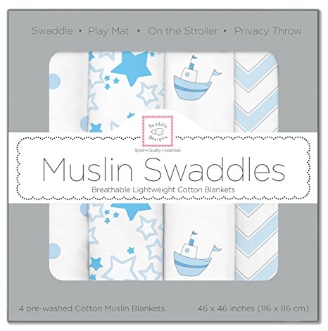 SwaddleDesigns Set of 4 Muslin Swaddle Blankets, Little Ships Fun