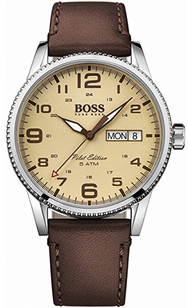 Hugo Boss Pilot Vintage 1513332 Brown / Parchment Cream Leather Analog Quartz Men's Watch