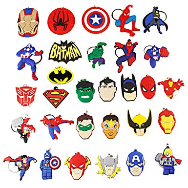 Melleco 30pcs Keychain Key Tags Superhero Goodie Bag Stuffer Christmas Gift Holiday Charms for Kids Birthday Party Favors School Carnival Reward Prizes Decoration Collectible