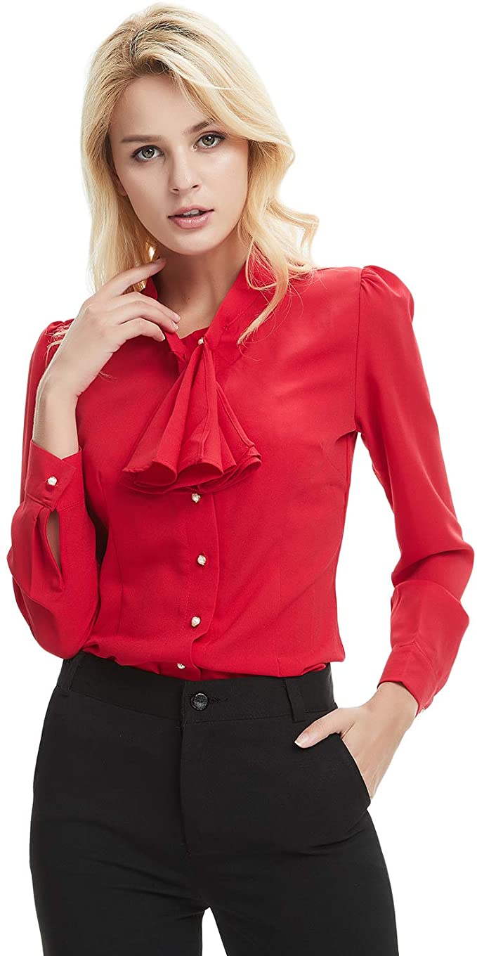 E.JAN1ST Women's Long Sleeve Shirt Tie Bow Neck Button End Slim Fit Chiffon Blouse, Red, TagsizeXXXXL=USsize12
