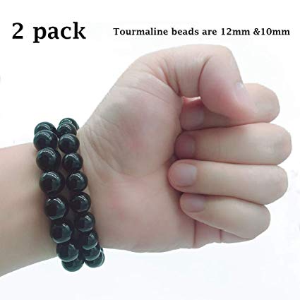 EMF Radiation Protection Shield Black Tourmaline Crystal Bracelet EMF Protection Bracelet Negative Ions for Men and Women（2 Pack）