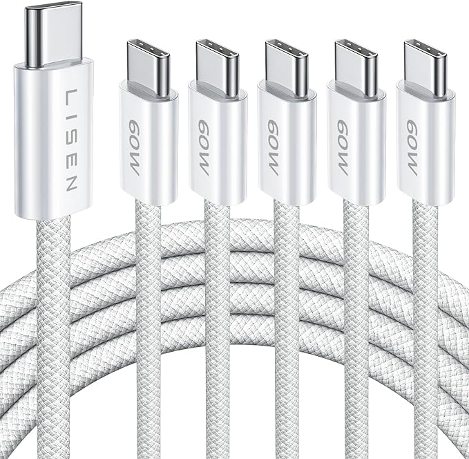 LISEN 60W (3.1A) C Charger Cable Fast Charging, [5-Pack 6.6FT] Type C Charging Cable, 48-Strand Cotton Yarn Braid USB C to USB C for Samsung S23 S22 S21, iPad Mini/Air, MacBook Pro 2020, MacBook Air