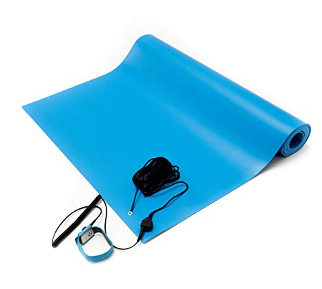 Bertech ESD Mat Kit with a Wrist Strap and Grounding Cord, 2' Wide x 4' Long x 0.093" Thick, Blue (Made in USA)
