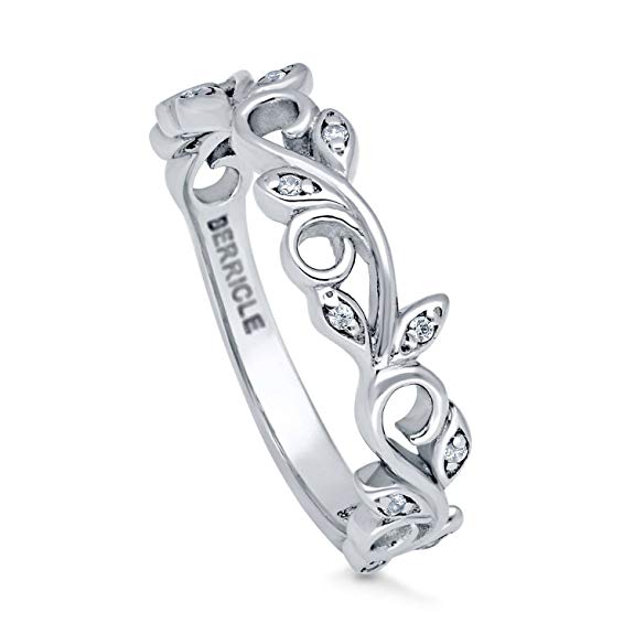 BERRICLE Rhodium Plated Sterling Silver Cubic Zirconia CZ Leaf Filigree Fashion Right Hand Ring