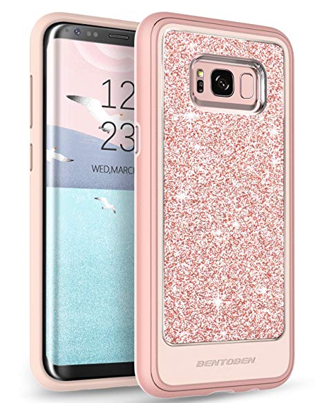 Samsung Galaxy S8 Plus Case, BENTOBEN Glitter Bling Shockproof Drop Protection [Detachable Hard PC Back] Hybrid PU Leather Soft TPU Edge 2 in 1 Phone Case for Samsung Galaxy S8 Plus Rose Gold